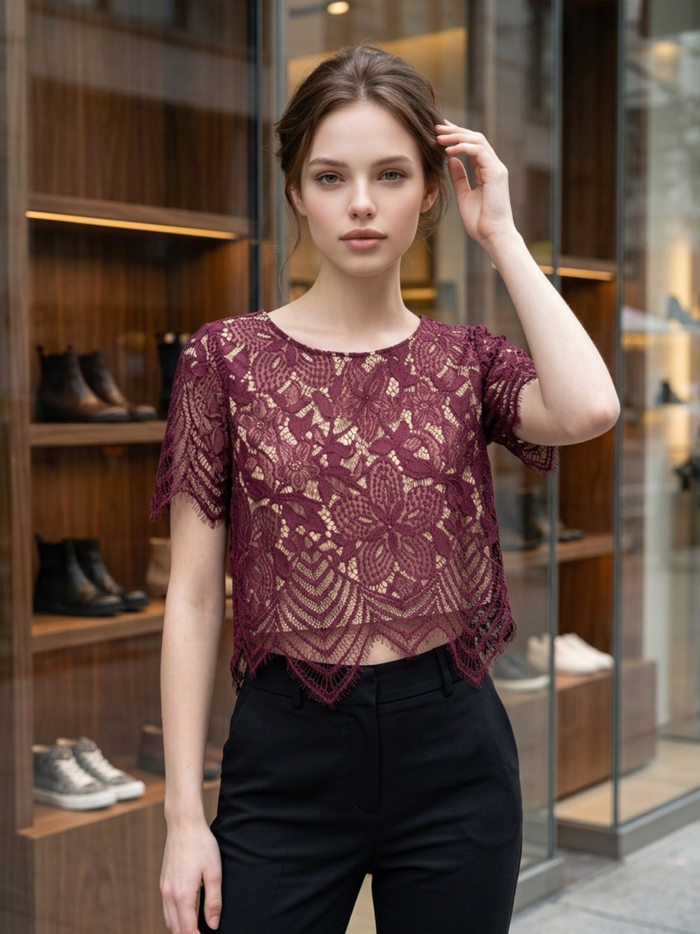 Express Wine Lace Crochet Crop Top